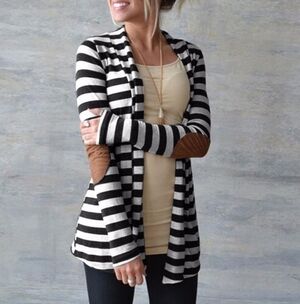 Striped Green and White Women's Top with Brown Shoulder Patch Accents